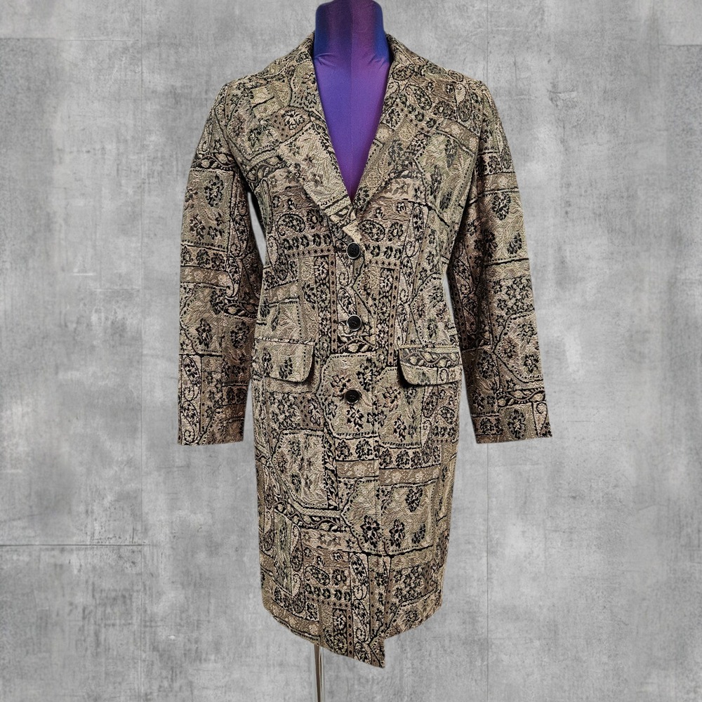 Vintage Newport News Tapestry Paisley Jacquard Longline Jacket Tan Size 4 D12